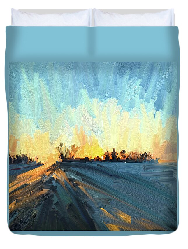 Winter Sunrise Landscape Art Duvet Cover featuring the digital art Winter Sunrise Landscape in Colorado by Patricia Awapara