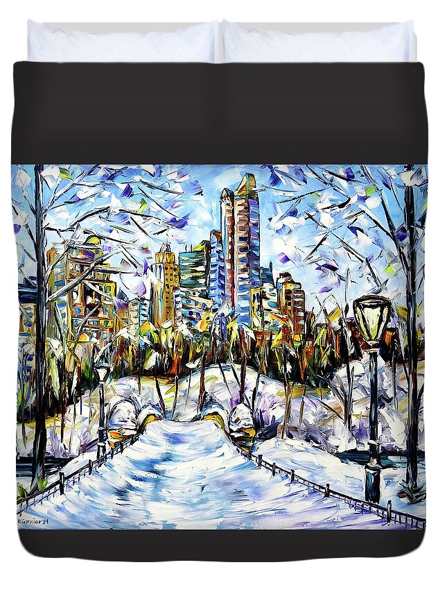 New York In Winter Duvet Cover featuring the painting Winter Time In New York by Mirek Kuzniar