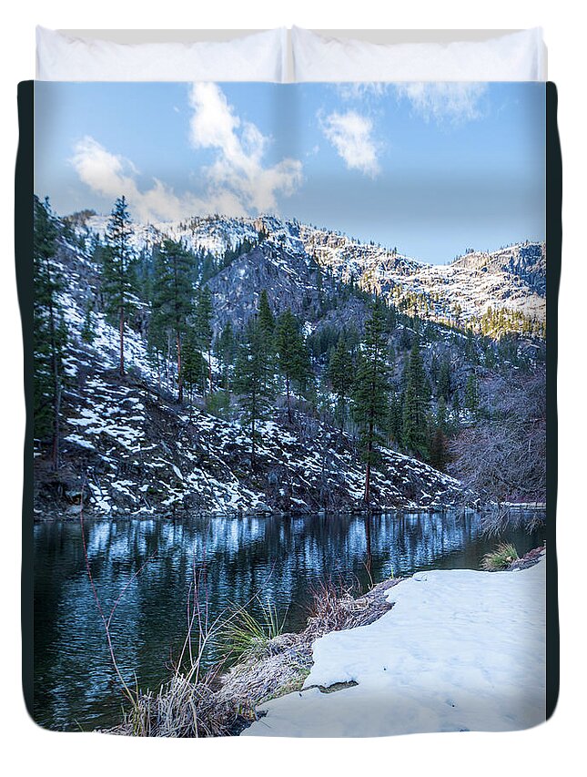 Outdoor; Winter; Tumwater Canyon; Snow; Mountains; Reflections; Snowshoeing; Tree; Leavenworth; Highway 2; Pacific North West Duvet Cover featuring the digital art Winter Tumwater Canyon by Michael Lee