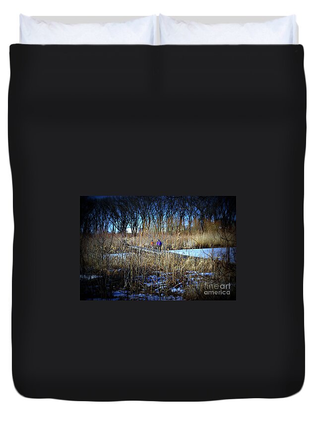 Landscape Photography Duvet Cover featuring the photograph Winter Walk Across the Bridge by Frank J Casella
