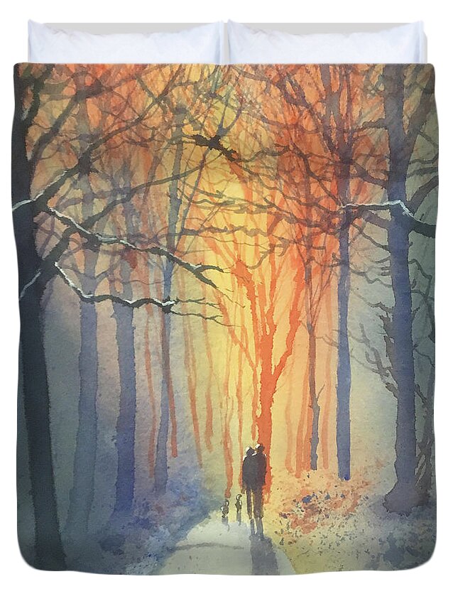 Watercolour Duvet Cover featuring the painting Winter Walk in Sledmere Woods by Glenn Marshall