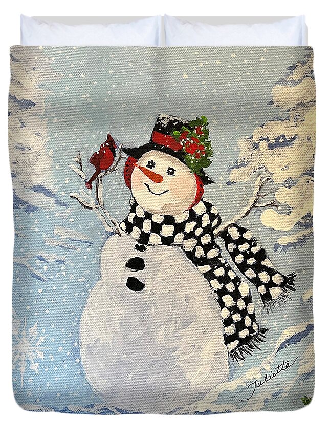 Snowman Duvet Cover featuring the painting Winter Wonderland by Juliette Becker