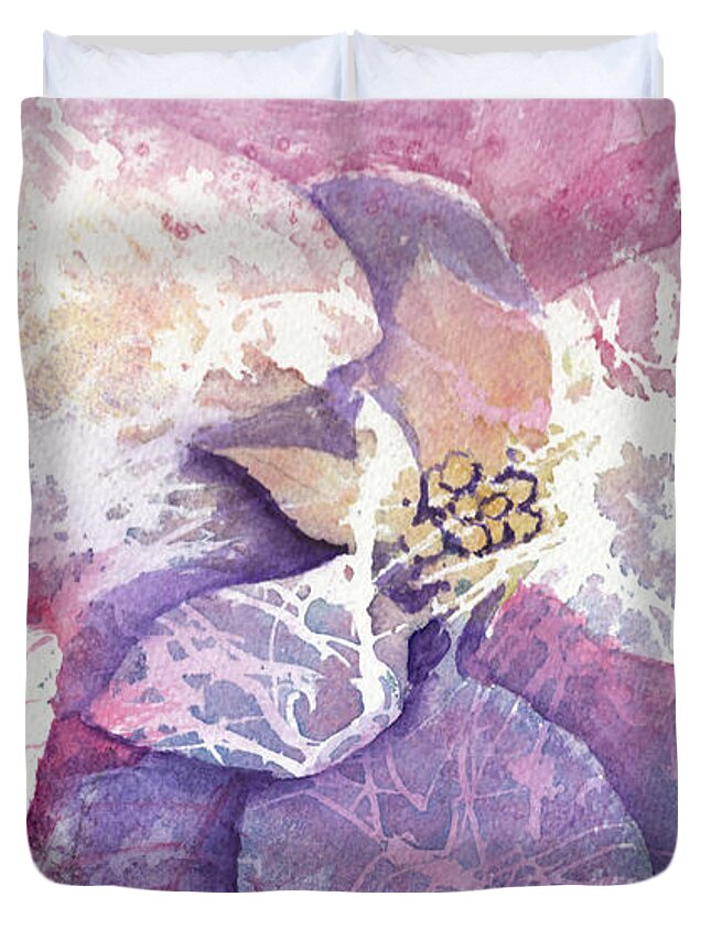 Poinsettia Petals Abstract Duvet Cover featuring the painting WIP 2 Abstract Watercolor Negative Painting Poinsettia by Conni Schaftenaar