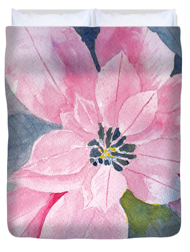 Poinsettia Duvet Cover featuring the painting WIP Poinsettia Watercolor Negative Painting by Conni Schaftenaar