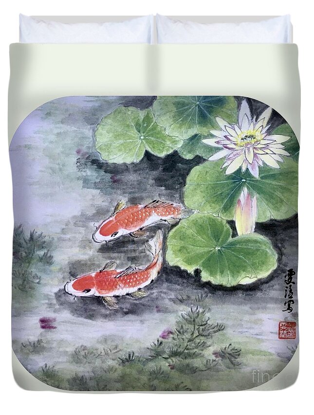 Koi Fish Duvet Cover featuring the painting Wishful - 3 by Carmen Lam