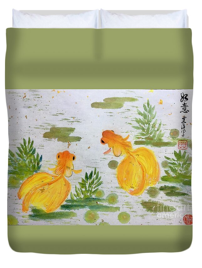 Golden Fishes Duvet Cover featuring the painting Wishful - 4 by Carmen Lam