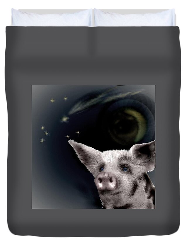 Pig Stars Shooting Stars Blue Eyed Duvet Cover featuring the mixed media Wishing Piggy by Pamela Calhoun