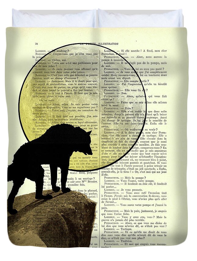 Wolf Duvet Cover featuring the mixed media Wolf at full moon dictionary art by Madame Memento