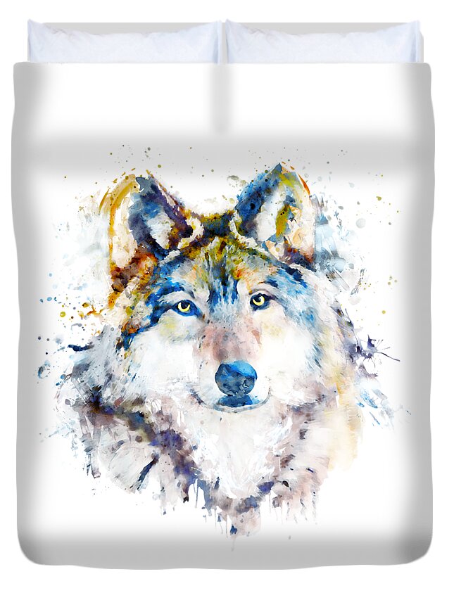 Marian Voicu Duvet Cover featuring the painting Wolf Face Watercolor Portrait by Marian Voicu