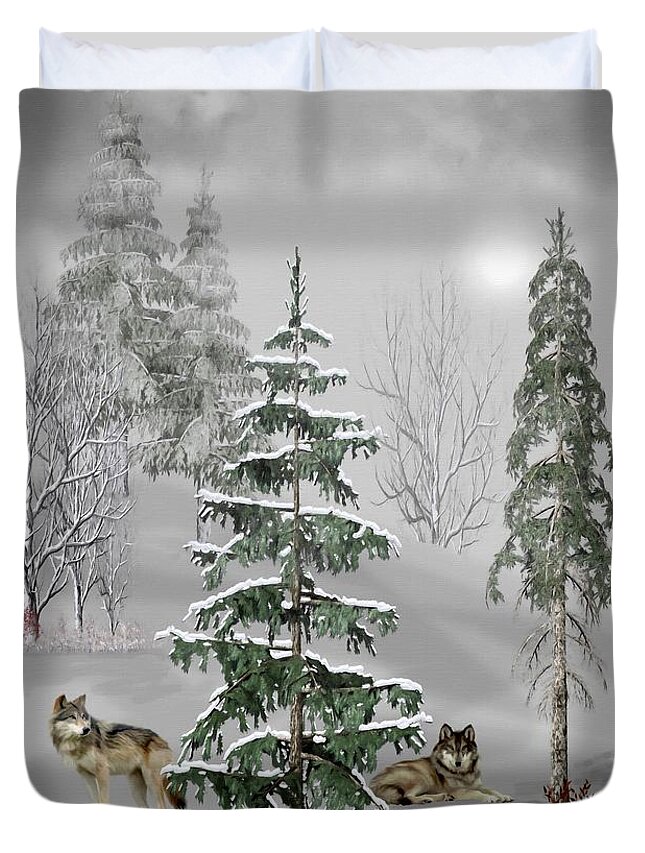Wolf Duvet Cover featuring the mixed media Wolves In The Winter Forest Color by David Dehner