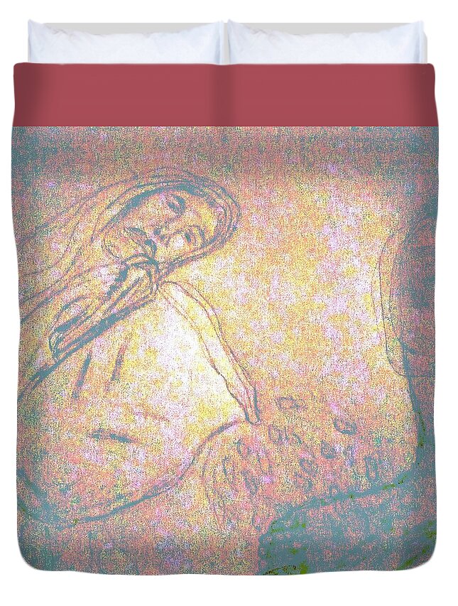 Christian Duvet Cover featuring the drawing Woman at Feet of Jesus by Suzanne Berthier