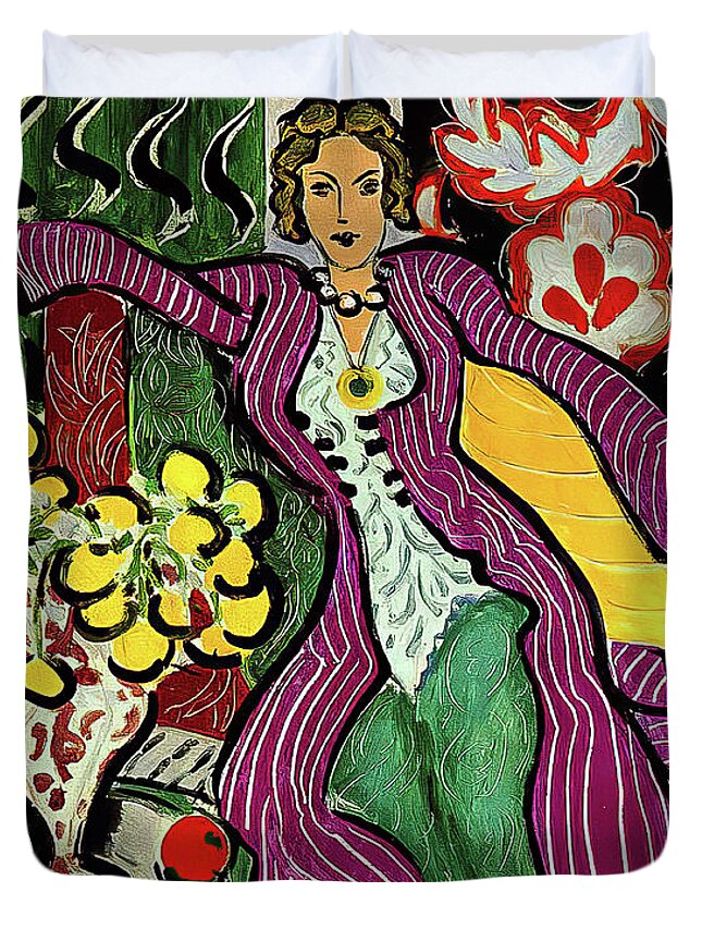 Woman Duvet Cover featuring the painting Woman in a Purple Coat by Henri Matisse 1937 by Henri Matisse