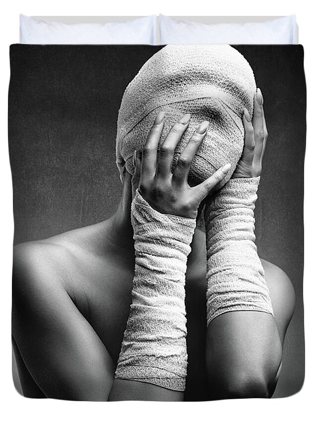 Woman Duvet Cover featuring the photograph Woman in bandages by Johan Swanepoel