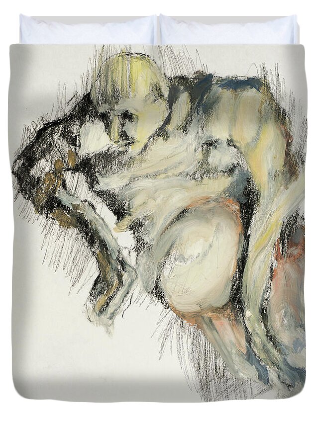 #women Duvet Cover featuring the painting Woman on Yellow 5 by Veronica Huacuja
