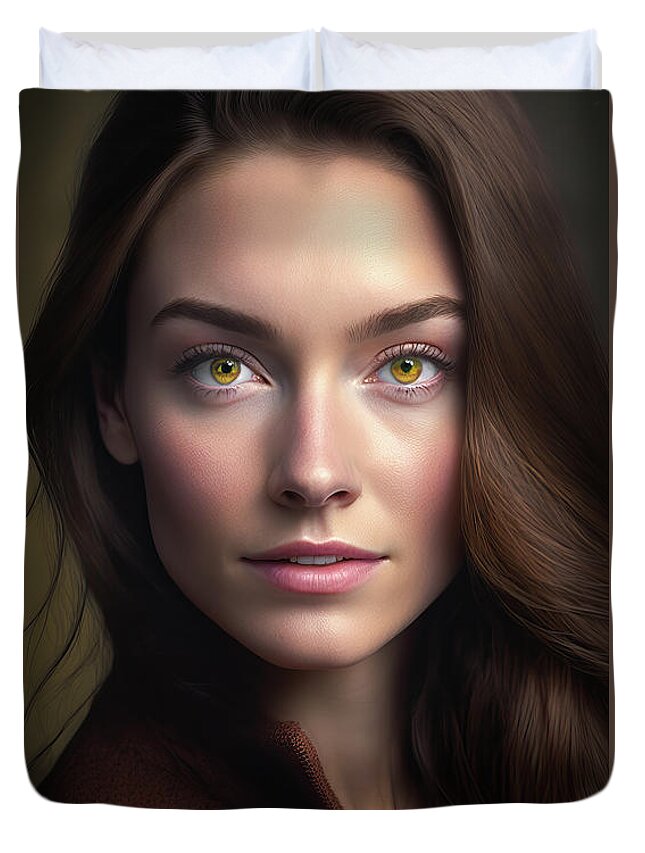 Woman Duvet Cover featuring the digital art Woman Portrait 22 Brown Hair Hazel Eyes by Matthias Hauser