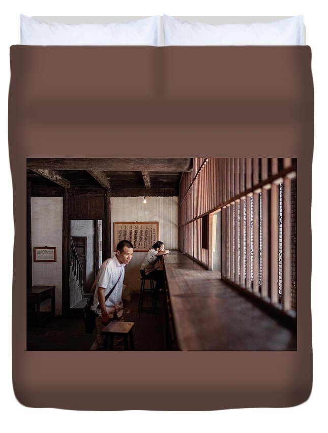2013 Duvet Cover featuring the photograph Woman waiting for clients, in the historic scenic town of Wuzhen by Benoit Bruchez