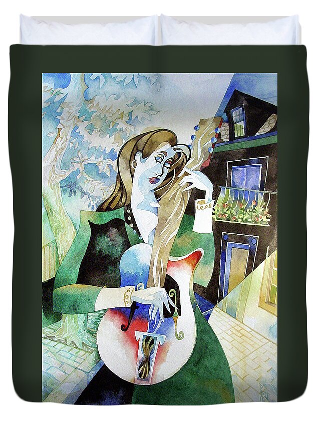 Watercolor Duvet Cover featuring the painting Woman with guitar by Mick Williams