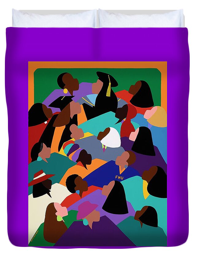 Women Duvet Cover featuring the painting Women Lifting Their Voices by Synthia SAINT JAMES