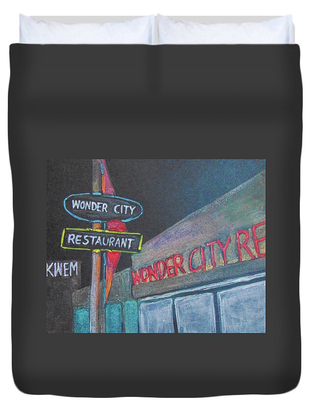Art Duvet Cover featuring the painting Wonder City across for KWEM by Loretta Nash