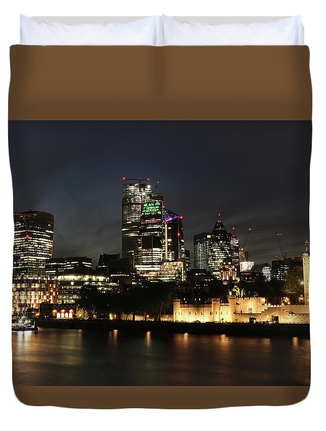 London Duvet Cover featuring the photograph Night London - street of skyscrapers by Vaclav Sonnek