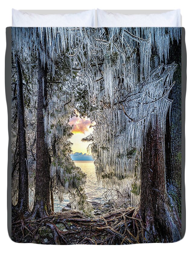Waiting For Sunrise Behind A Wall Of Ice. Taken In Whitefish Dunes State Park In Door County Duvet Cover featuring the photograph Wonderland by Brad Bellisle