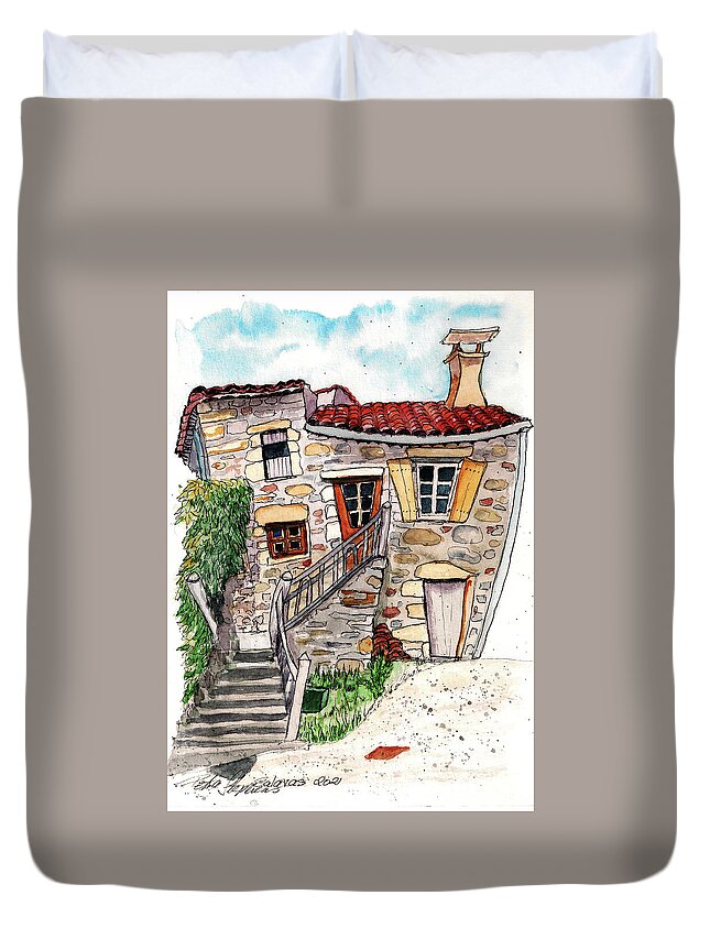 Salavas Duvet Cover featuring the painting Wonky Stairs by Petra Stephens