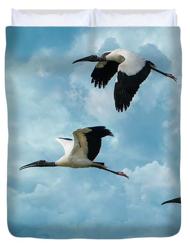 Storks Duvet Cover featuring the photograph Wood Storks In Flight by Chris Lord
