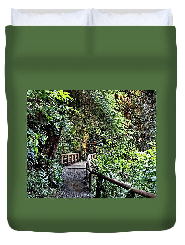 Alex Lyubar Duvet Cover featuring the photograph Wooden bridge on a firest hiking trail by Alex Lyubar