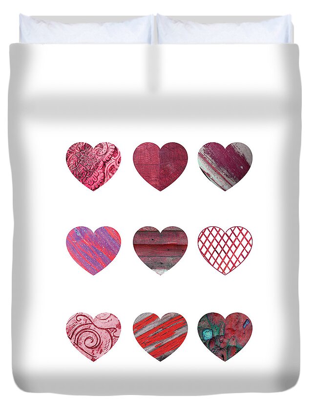 Heart Duvet Cover featuring the mixed media Wooden Hearts by Moira Law
