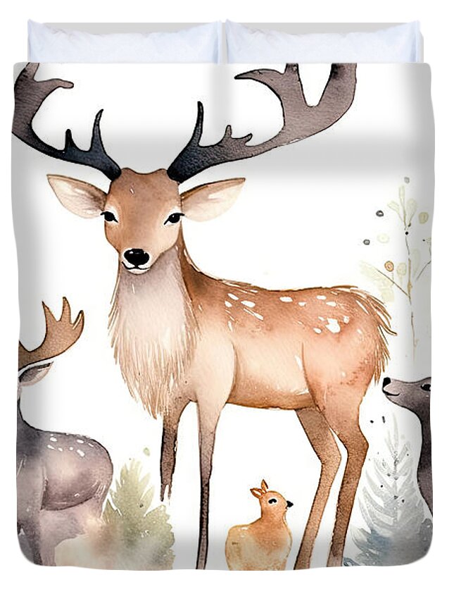 Elk Duvet Cover featuring the painting Woodland watercolor cute animals baby Elk. Scandinavian elk fore by N Akkash