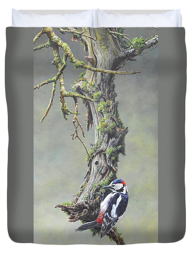 Woodpecker Duvet Cover featuring the painting Woodpecker on branch by Alan M Hunt