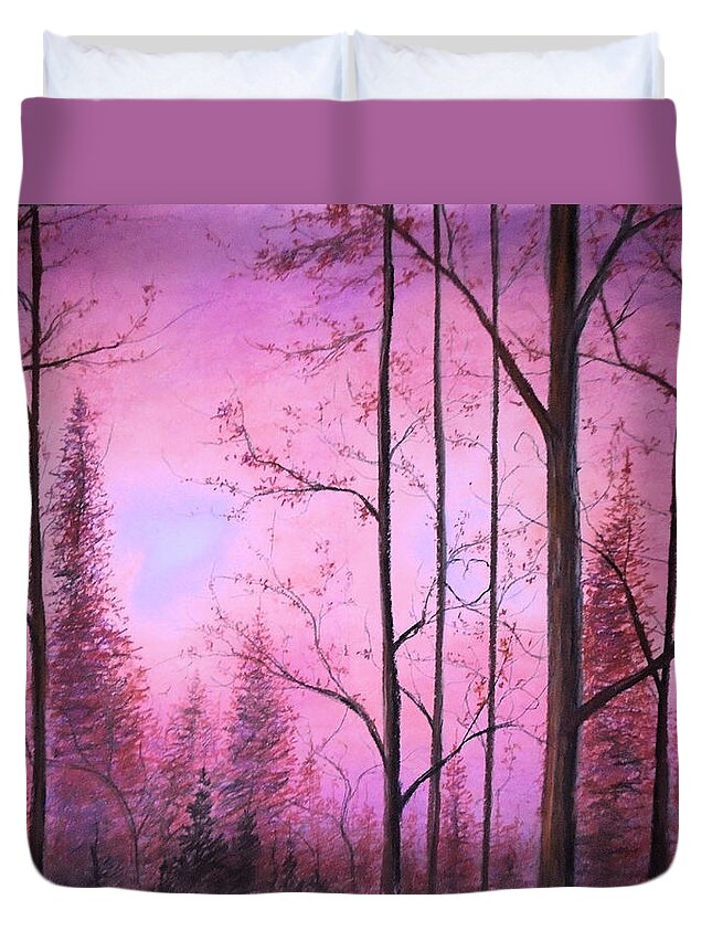 Forest Sky Duvet Cover featuring the pastel Woods by Jen Shearer