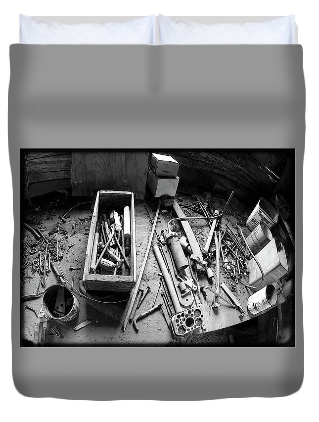 Workbench Duvet Cover featuring the photograph Work Bench at French Glen by Mike Bergen