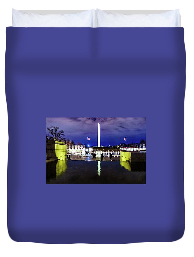 World War Ii Memorial Duvet Cover featuring the digital art World War II Memorial with the Washington Monument in the background by SnapHappy Photos
