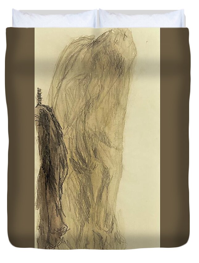 Wrapped Duvet Cover featuring the drawing Wrapped figure with coat II by David Euler