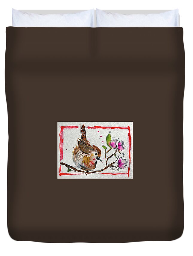 Wren Bird Duvet Cover featuring the painting Wren in a Cherry Blossom Tree by Roxy Rich