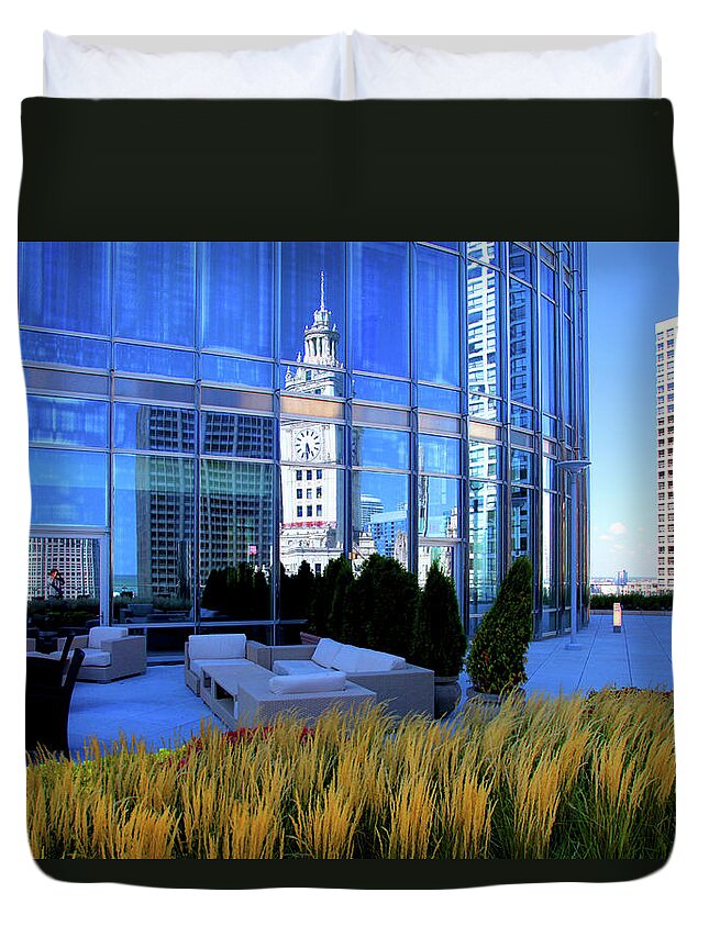 Architecture Duvet Cover featuring the photograph Wrigley Clock Tower Reflection by Patrick Malon