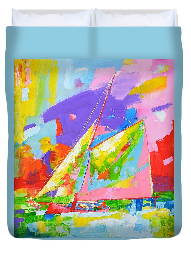 Sailboats Duvet Cover featuring the painting Yacht with a sail. by Iryna Kastsova