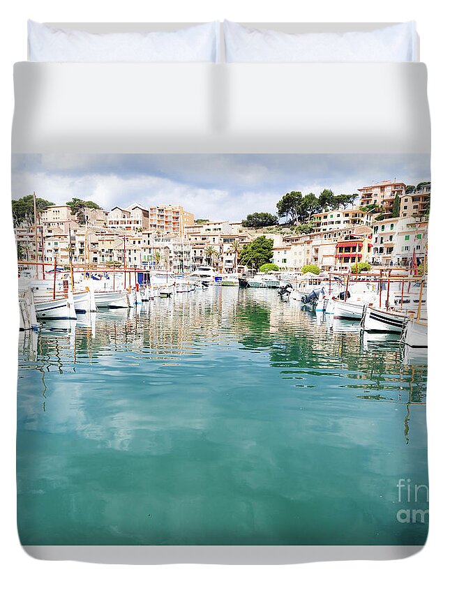Port Duvet Cover featuring the photograph Yachts in Port Soller, Mallorca by Anastasy Yarmolovich