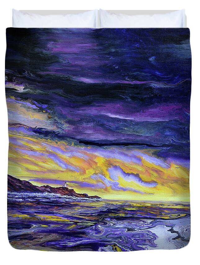 Yaquina Duvet Cover featuring the painting Yaquina Head Lighthouse in Purple Sunset by Laura Iverson