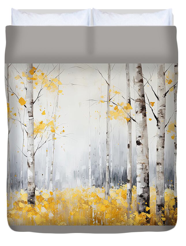 Yellow Duvet Cover featuring the painting Yellow and Gray Birch Trees by Lourry Legarde
