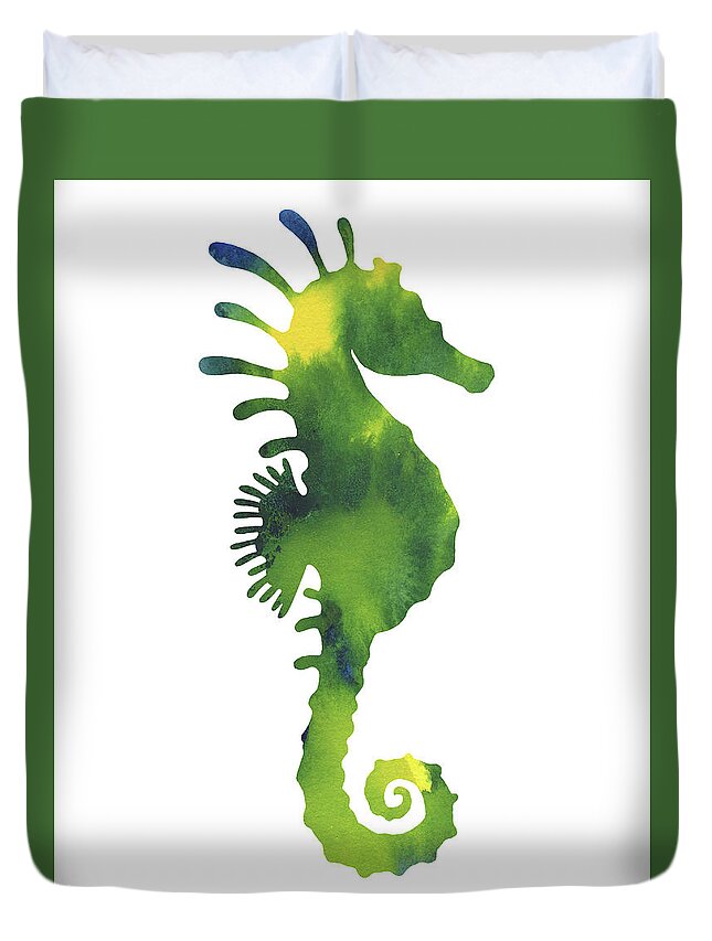 Green Duvet Cover featuring the painting Yellow And Green Seahorse Watercolor Silhouette by Irina Sztukowski