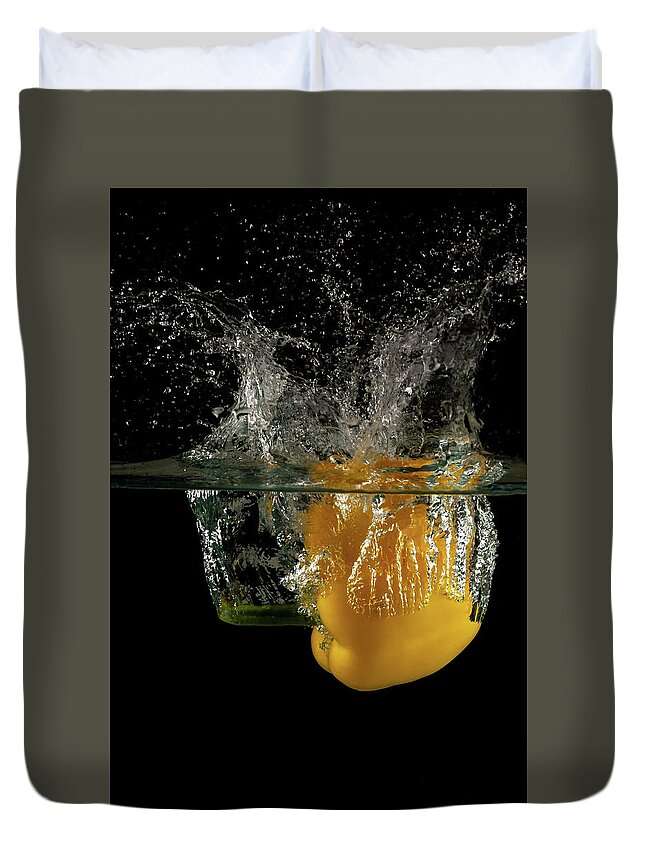 Pepper Duvet Cover featuring the photograph Yellow bell pepper dropped and slashing on water by Michalakis Ppalis