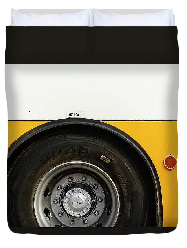 Yellow Duvet Cover featuring the photograph Yellow Bus Close-up by Martin Vorel Minimalist Photography