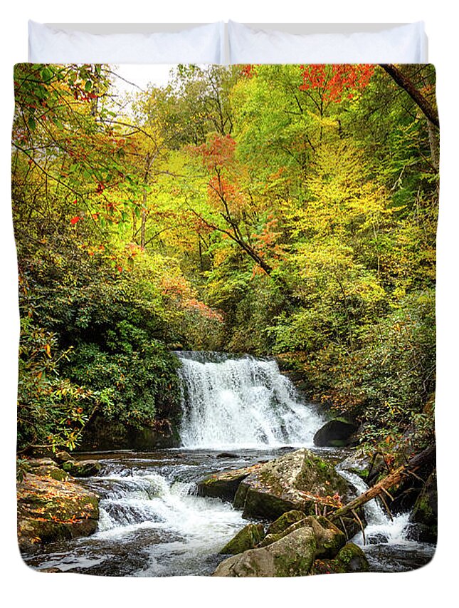 Carolina Duvet Cover featuring the photograph Yellow Creek Autumn Cascades by Debra and Dave Vanderlaan
