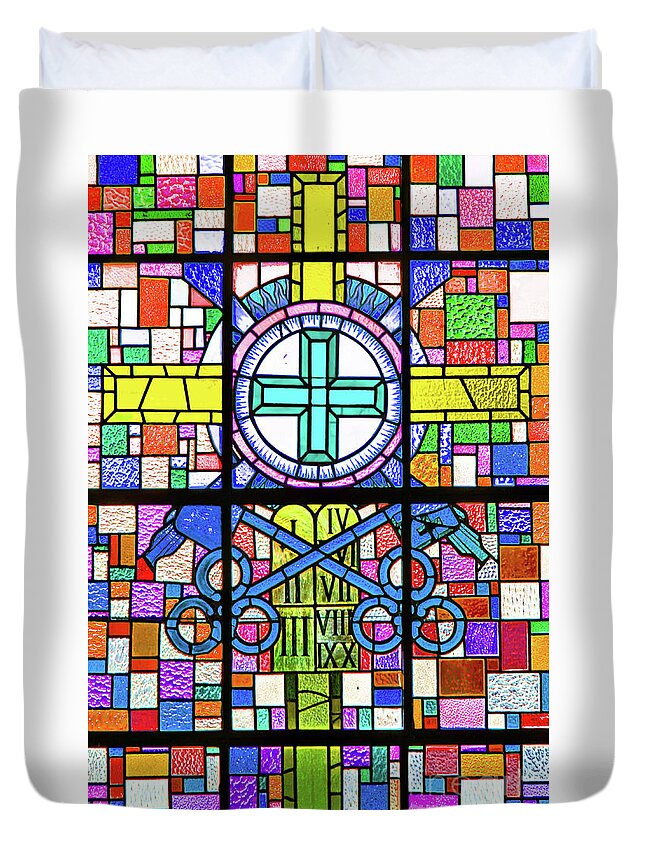 Yellow Duvet Cover featuring the photograph Yellow Cross Stained Glass by Munir Alawi