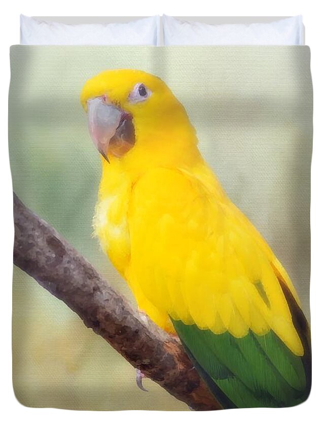 Bird Duvet Cover featuring the mixed media Yellow Green Parrot Bird 83 by Lucie Dumas