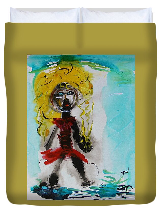 Skater Duvet Cover featuring the painting Yellow Hair Skater by Mary Carol Williams