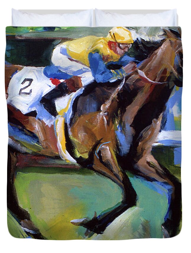 Kentucky Horse Racing Duvet Cover featuring the painting Yellow Horse Rider by John Gholson
