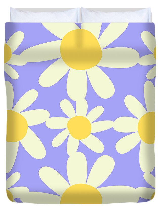 Yellow Duvet Cover featuring the digital art Yellow, Lilac, and Cream Floral Pattern Design by Christie Olstad